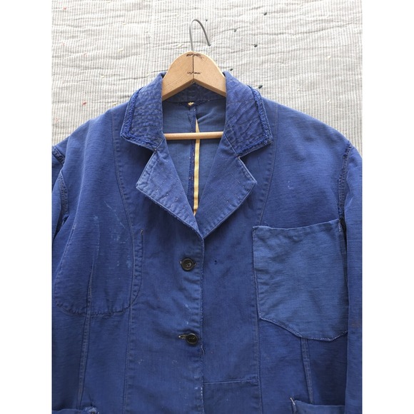 Vintage 1930s 40s French Indigo Moleskin Repaired Blue Work Jacket Women's XL - Picture 2 of 14